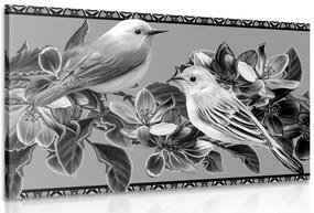 Stampa su tela – Uccellini e fiori in bianco e nero in versione vintage