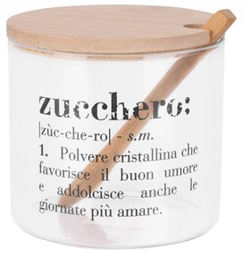 Zuccheriera in vetro con cucchiaino e scritta Victionary