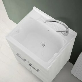 Mobile lavatoio 60x60 cm 2 ante rovere bianco con vasca in resina, asse lavapanni e kit di scarico