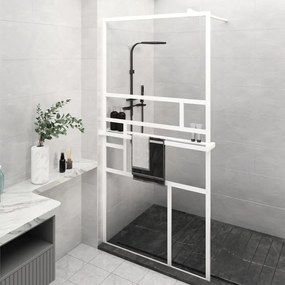 Parete Doccia Con Mensola Bianco 115x195cm Vetro Esg E Alluminio /