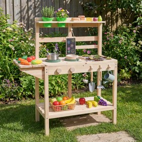 Costway Set da cucina giocattolo per bambini legno fornelli lavello manopole rotanti, Cucina gioco da chef lavagna vasi fiori scaffali 3+ anni