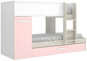Letto a castello con cassetto letto a scomparsa e contenitori 3 x 90 x 190 cm Bianco, Naturale e Rosa - ANTHONY