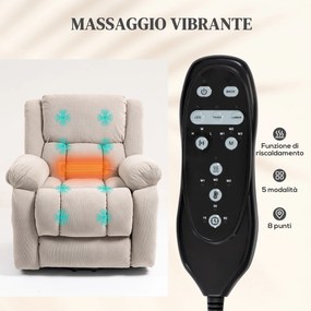 Poltrona Alzapersona Massaggiante e Reclinabile 93x104x105 cm con Telecomando in Tessuto Effetto Velluto Beige...
