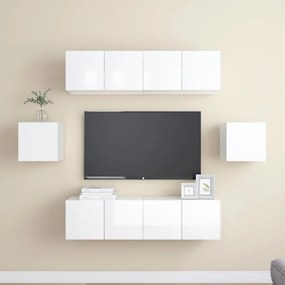 Set Di Mobili Porta Tv 6 Pz Bianco Lucido İn Legno Multistrato /