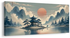 Quadro su tela – Cavaliere vicino a pagoda tra le montagne