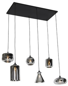 Lampada a sospensione art deco nera con vetro fumé 6 luci - Wallace