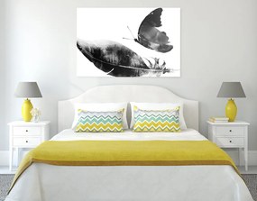 Quadro su tela – Piuma con farfalla in bianco e nero