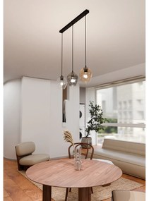 Lampadario 3 Luci Fuxi In Acciaio Nero E Vetri Ambra, Trasparente E Fumè