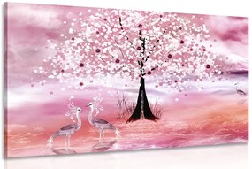 Stampa su tela – Aironi sotto un albero magico in versione rosa
