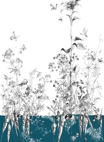 Edmond Petit Carta da parati Lièvres/Fenouil/Tournesol - Bleu - Tournesol Droit - Bleu