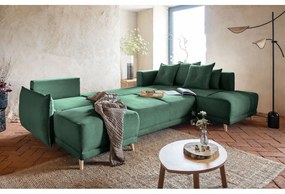 Divano letto angolare in velluto a coste verde (angolo destro a forma di U) Lazy Lukka - Miuform