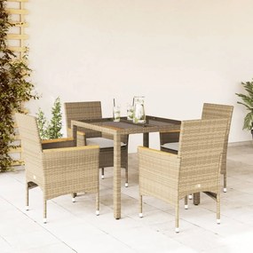 Set da pranzo da giardino 5 pz con cuscini polyrattan e vetro