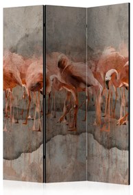 Paravento Lago di fenicotteri (3 pezzi) - astratto con uccelli rosa