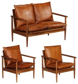 Set divani 3 pz in vera pelle e legno massello acacia marrone