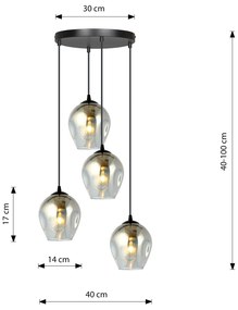 Lampadario 4 Luci Fuxi Base Tonda In Acciaio Nero E Vetri Fumè