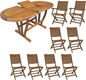 TURRIS - set tavolo in legno massiccio di acacia cm 180/240 x 100 x 74 h con 6 sedie e 2 poltrone Mulier