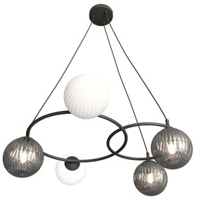 Lampadario 5 Luci Eolo A Cerchi E Diffusori In Vetro Rigato Opale E Fumè