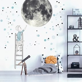 Adesivo murale - Luna e ragazzo su una scala con stelle, grande adesivo | Inspio