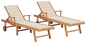 Sdraio 2 Pz Con Tavolo E Cuscino Crema Legno Massello Di Teak /