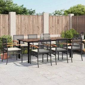Set da pranzo da giardino 9 pz con cuscini nero in polyrattan