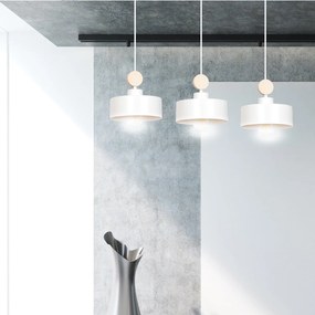 Lampadario 3 Luci Zhurong In Acciaio Bianco E Paralumi Con Legno Naturale