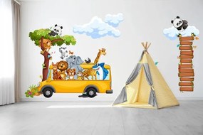 Adesivo murale per bambini animali safari nell'autobus 100 x 200 cm