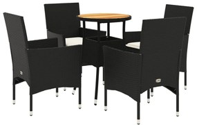 Set pranzo da giardino 5 pz con cuscini nero polyrattan acacia