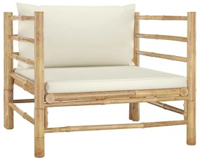 Set divani da giardino 5 pz con cuscini bianco crema in bambù