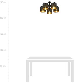 Plafoniera Industrial 5 Luci Cigno In Acciaio Nero E Paralumi A Cilindro Oro