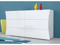 Com geometrico moderno, Made in Italy, Mobiletto per Soggiorno e Camera, Credenza 6 cassetti, cm 155x40h82, colore Bianco lucido