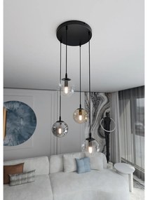 Sospensione 4 Luci Kali In Acciaio Nero Base Tonda E Sfere In Vetro Multicolor