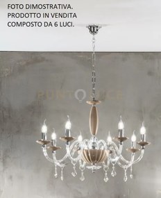 Lampadario cecilia 6 luci vetro e cristallo tortora e trasparente a...