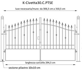 Cancello manuale con serratura elettrica Civetta in ferro, apertura centrale, L 308.5, H 165-195 cm, di colore ruggine