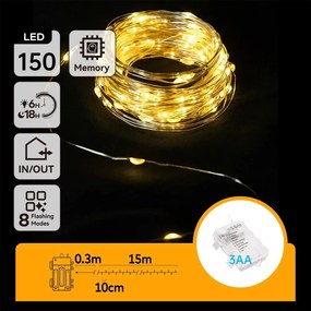 Aigostar - Catena luminosa LED da esterno 150xLED/8 funzioni 3xAA 15,3m IP44 bianco caldo