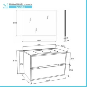 Mobile bagno sospeso 80 rovere fumo e blu pastello con lavabo e specchio Iris