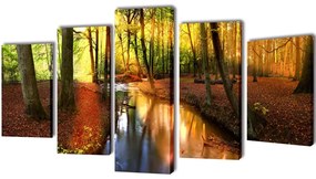 5 Pz Set Stampa Su Tela Da Muro Modello Bosco 100 X 50 Cm /