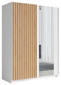 Armadio 150x200h Cm 2 Ante Scorrevoli Con Specchio Bianco Listelli Rovere Dalia