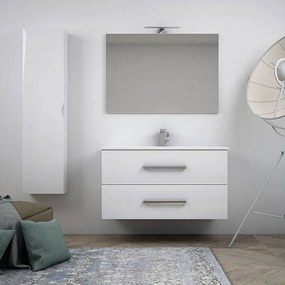 Mobile bagno bianco lucido sospeso moderno 100 cm con specchiera applique LED cassettoni soft close e colonna