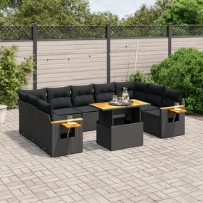 Set divani da giardino 10pz con cuscini in polyrattan nero
