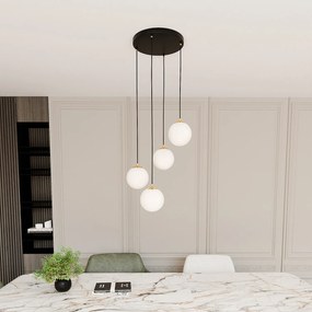 Sospensione Contemporanea Nuada 4 Luci In Acciaio Nero/Oro Sfere Vetro Bianco
