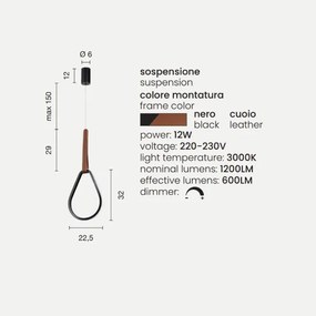 Lampada a sospensione Led REGOLI in metallo D22 cm con elemento in ecopelle DROP