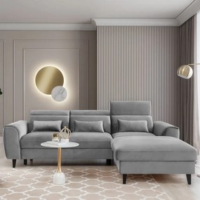 Divano angolare grigio allungabile/con contenitore (con penisola a destra/con chaise lounge) e rivestimento in velluto Foble – ELTAP