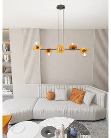 Lampadario 6 Luci Eos In Acciaio Nero E Arancio Con Barra E Diffusori A Piatti