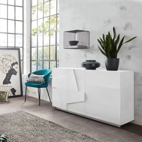 Credenza Moderna a 2 Ante Battenti e 3 Cassetti in Bianco Lucido PING