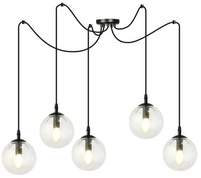 Lampadario 5 Luci Ginevra In Acciaio Nero Con Cavo Lungo E Vetri Trasparente