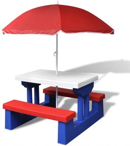 Tavolo e panchine picnic per bambini con parasole multicolore