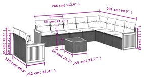 Set divani da giardino 11 pz con cuscini in polyrattan nero