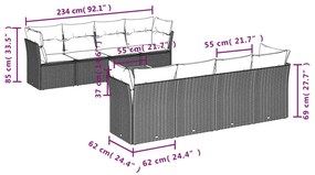 Set divani da giardino 9 pz con cuscini nero in polyrattan