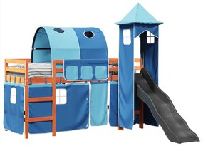 Letto a soppalco con torre bambini blu 90x190cm massello pino