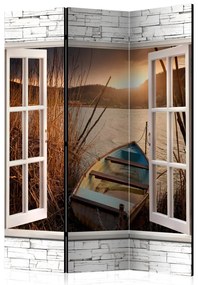Paravento Lago autunnale - finestra con vista su barca e acqua